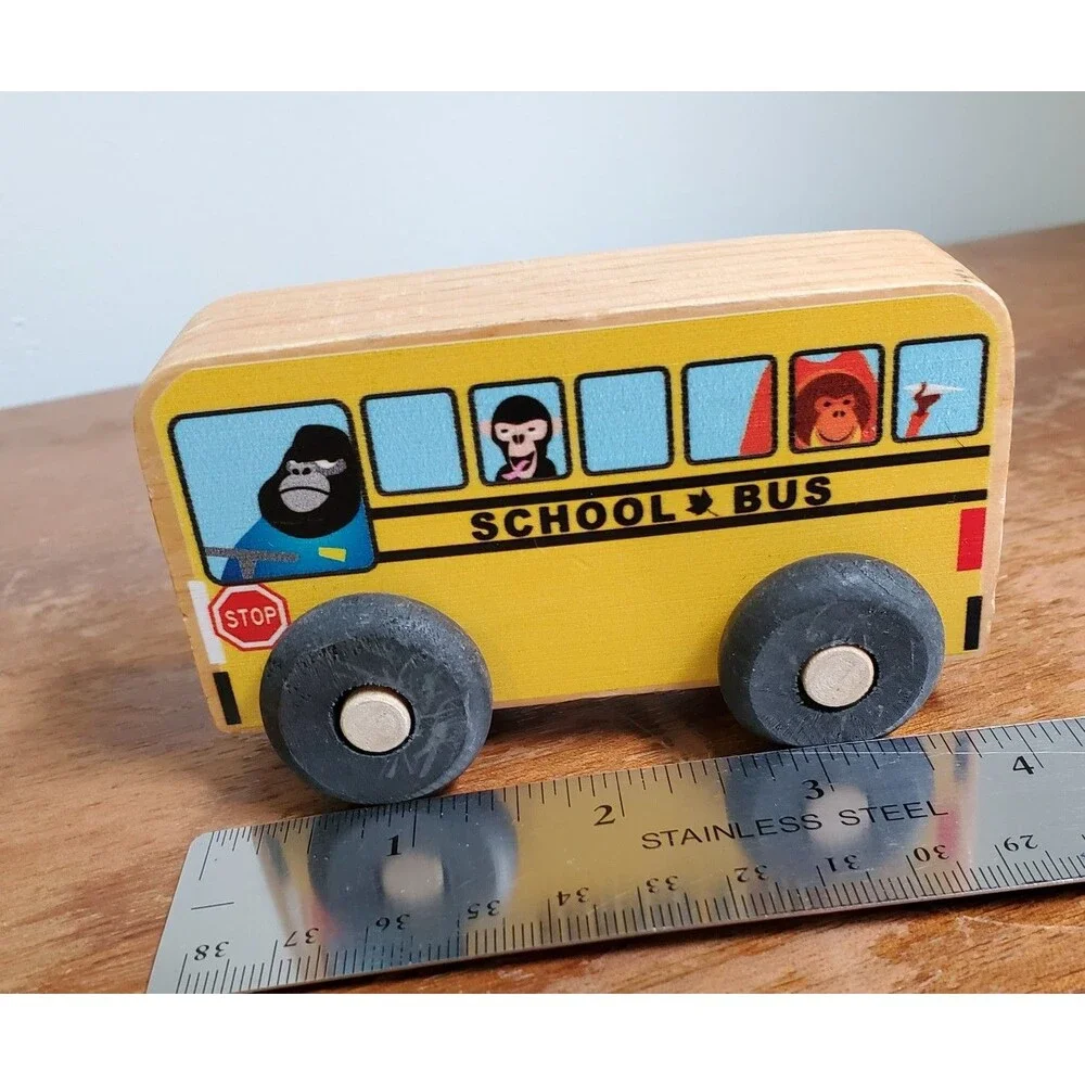 Vintage Maple Landmark School Bus Scoots Toy Monkeys All Wood 4